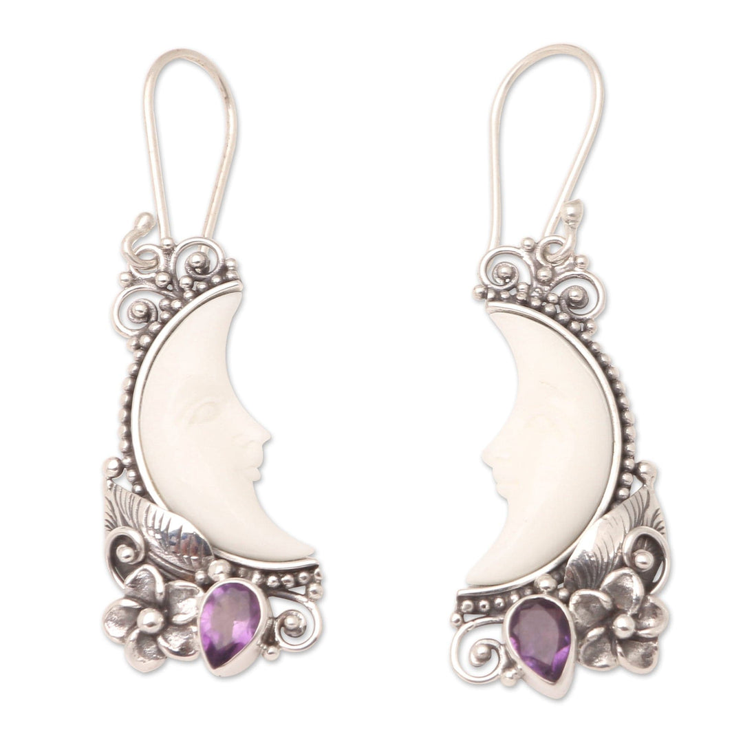 Amethyst Dangle Earrings with Crescent Moon Motif - Dusky Dreams
