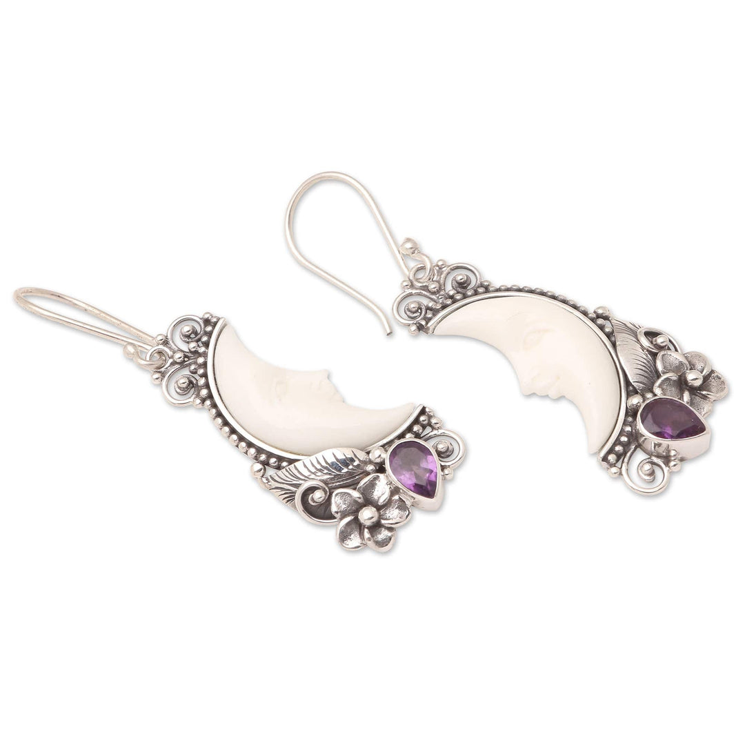 Amethyst Dangle Earrings with Crescent Moon Motif - Dusky Dreams
