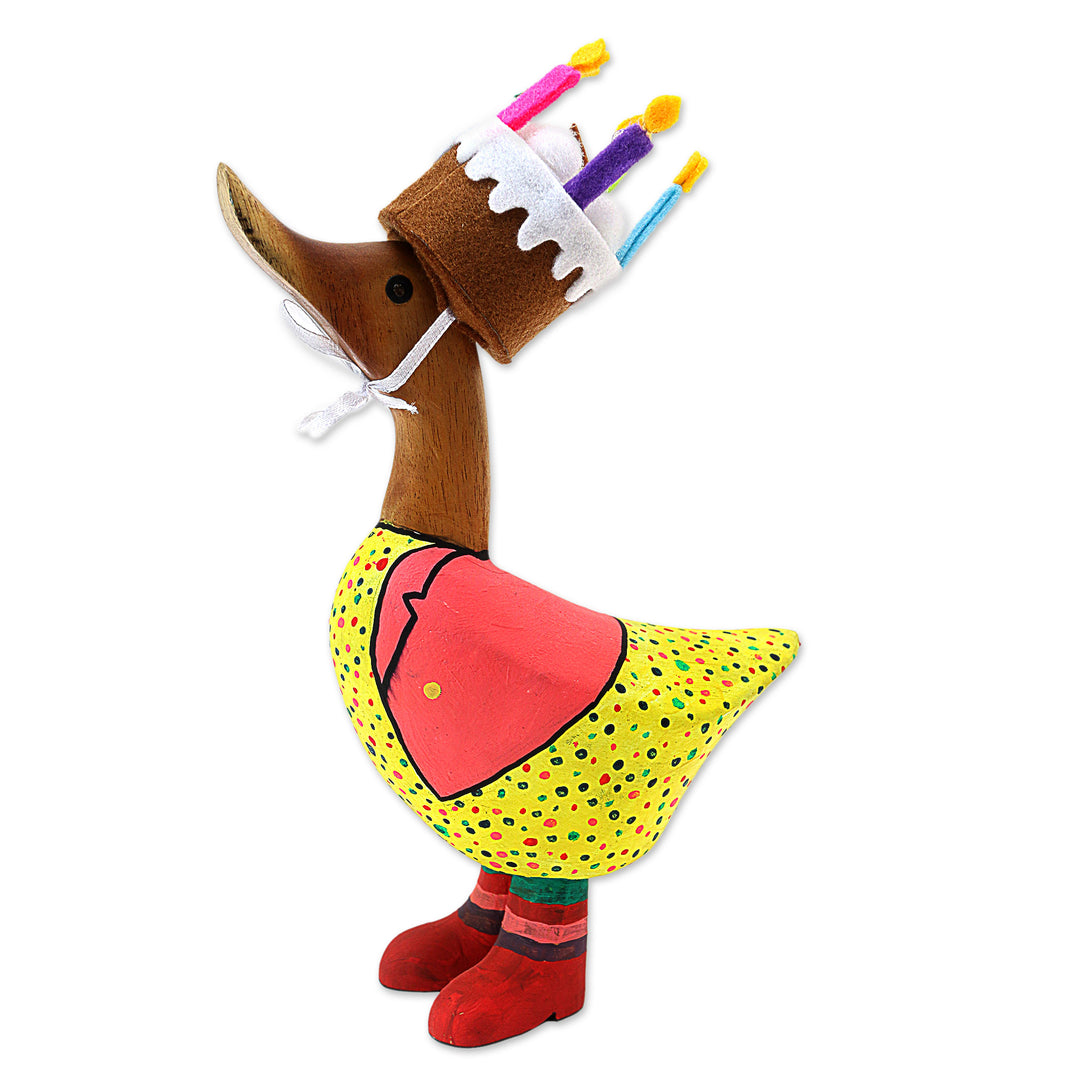 Bamboo Root and Teak Duck Figurine with a Birthday Cake Hat - Birthday Duck