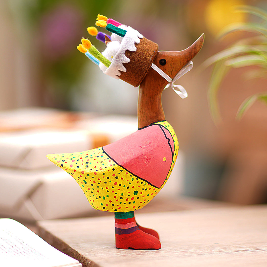 Bamboo Root and Teak Duck Figurine with a Birthday Cake Hat - Birthday Duck