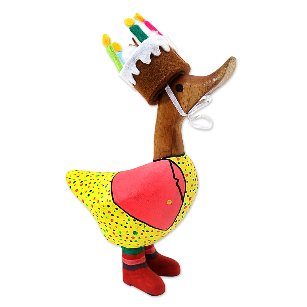 Bamboo Root and Teak Duck Figurine with a Birthday Cake Hat - Birthday Duck