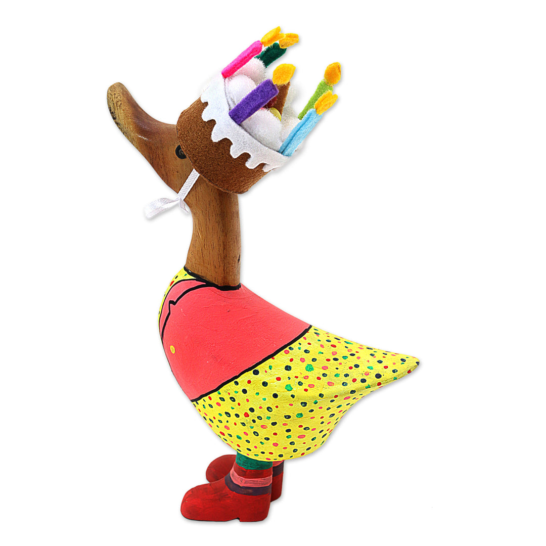Bamboo Root and Teak Duck Figurine with a Birthday Cake Hat - Birthday Duck