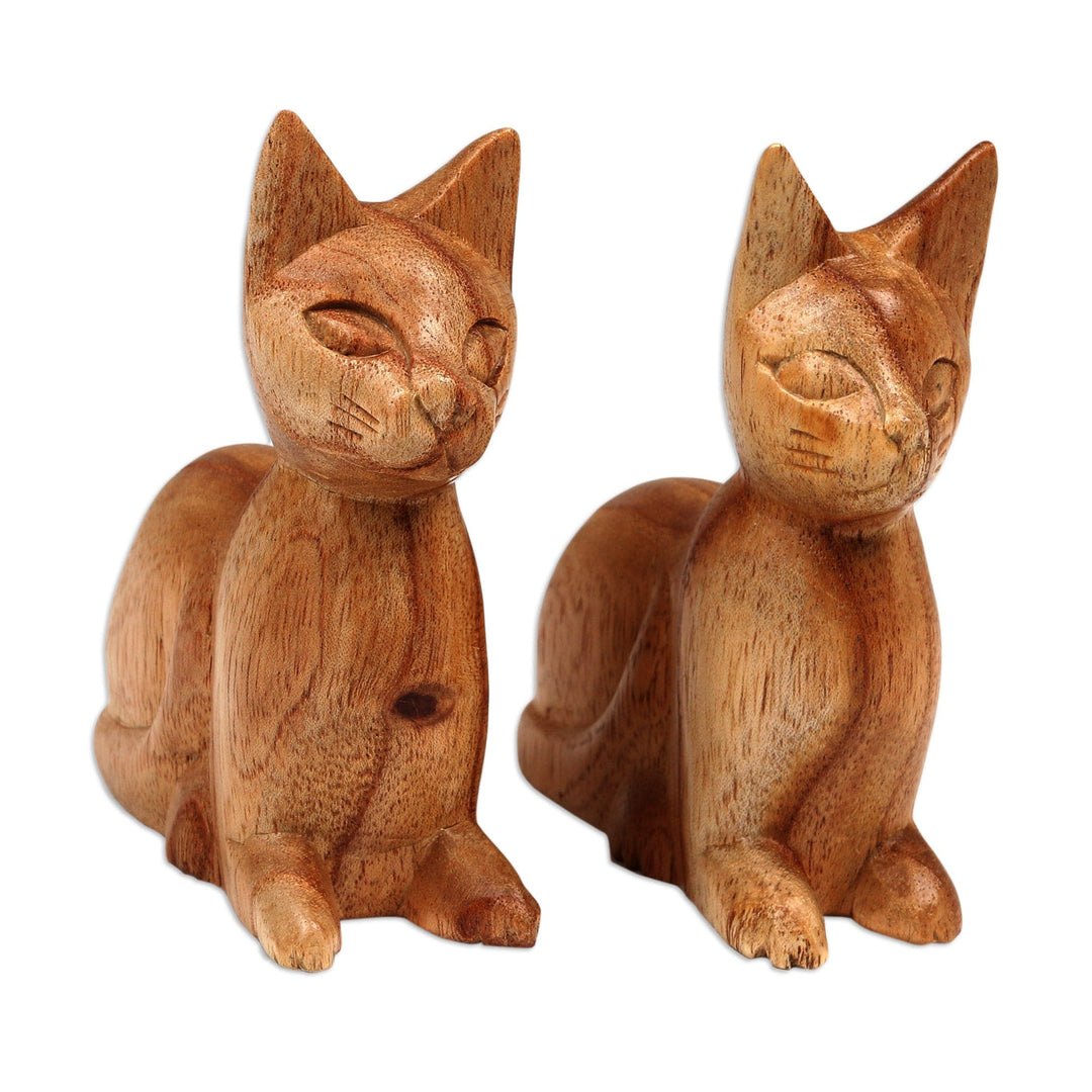 Balinese Hand-Carved Jempinis Wood Cat Sculptures (Pair) - Feline Guardians