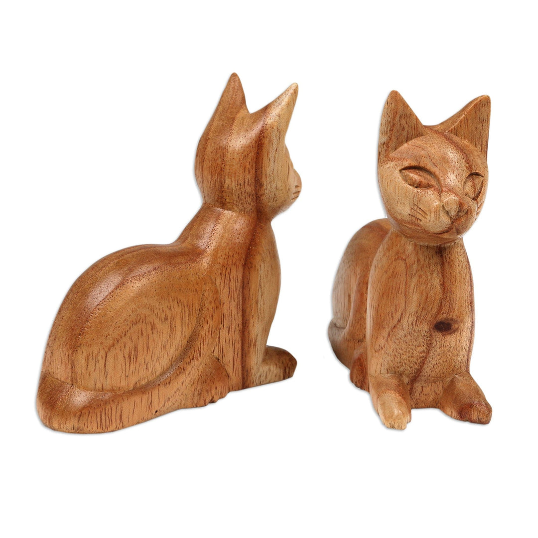 Balinese Hand-Carved Jempinis Wood Cat Sculptures (Pair) - Feline Guardians