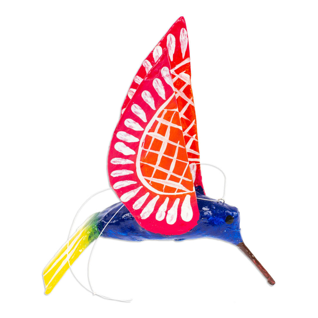 Handmade Blue Hummingbird Papier Mache Ornament from Mexico - Blue and Red Hummingbird