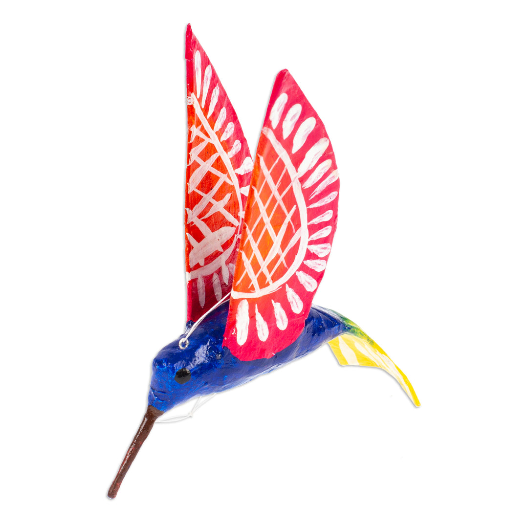 Handmade Blue Hummingbird Papier Mache Ornament from Mexico - Blue and Red Hummingbird