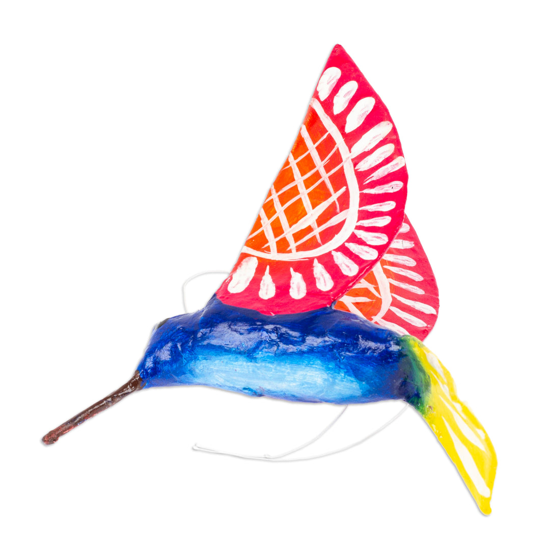 Handmade Blue Hummingbird Papier Mache Ornament from Mexico - Blue and Red Hummingbird