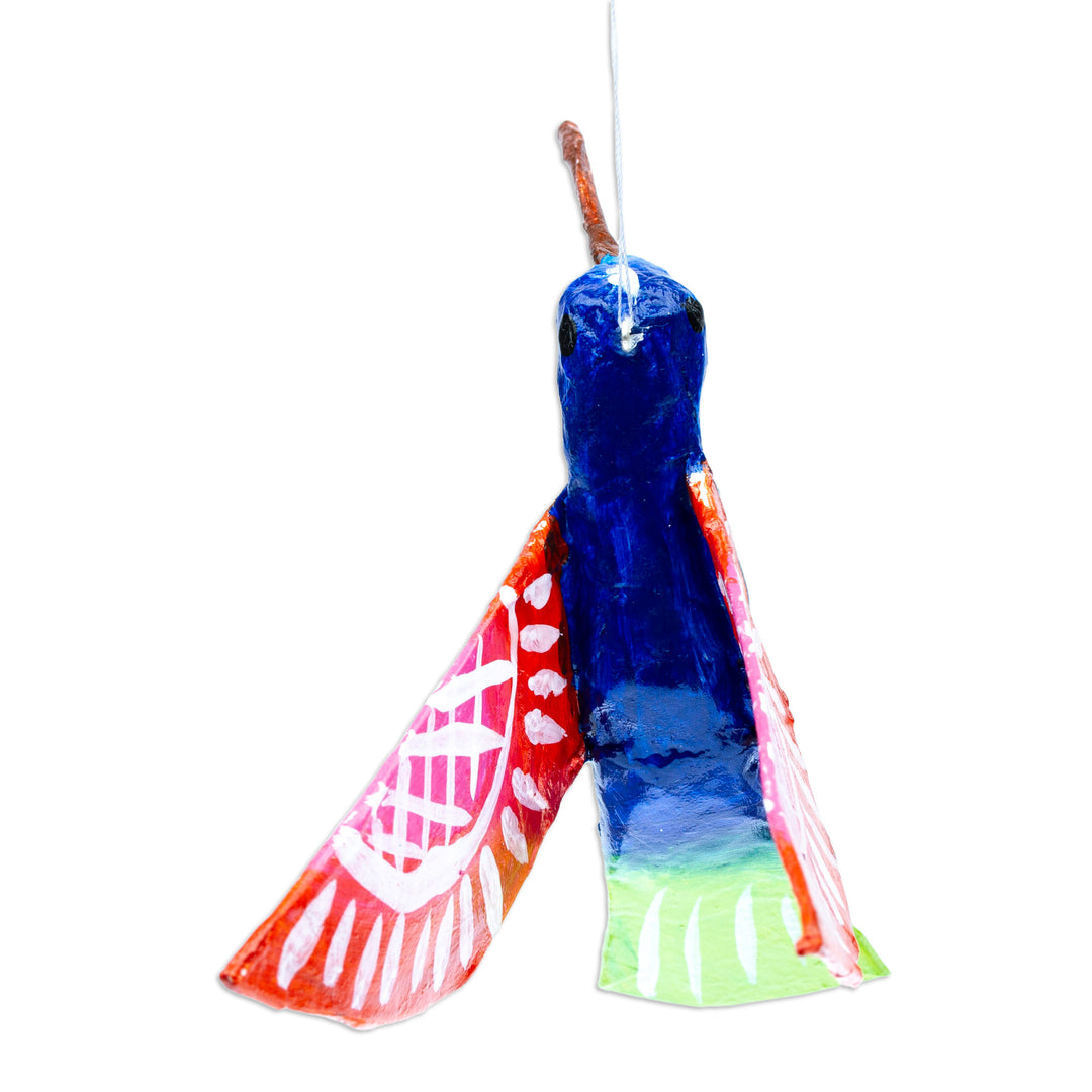Handmade Blue Hummingbird Papier Mache Ornament from Mexico - Blue and Red Hummingbird