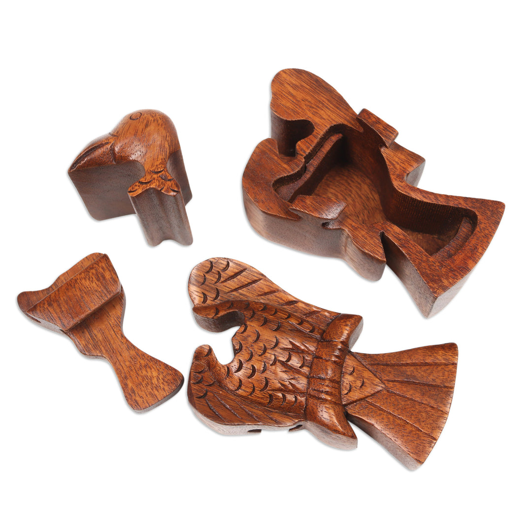 Bird Themed Suar Wood Puzzle Box Hand-Carved in Bali - Bird of Secrets
