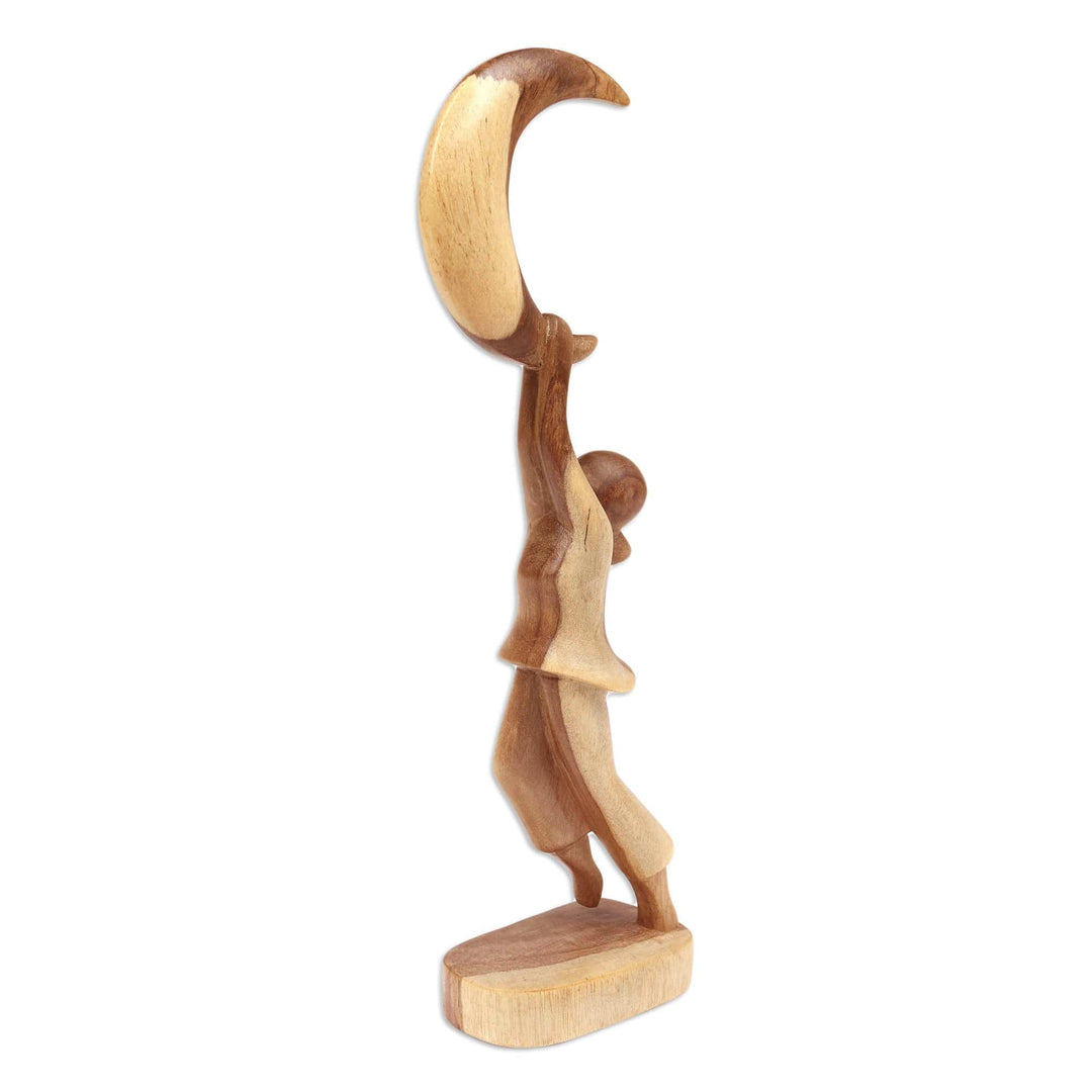 Hand Made Hibiscus Wood Moon Sculpture - Holding Hope