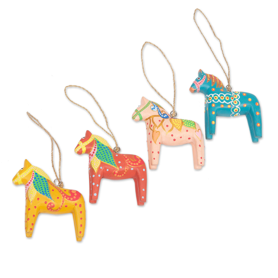 Set of 4 Artisan-Painted Christmas Horse Ornaments - Dala Cheer