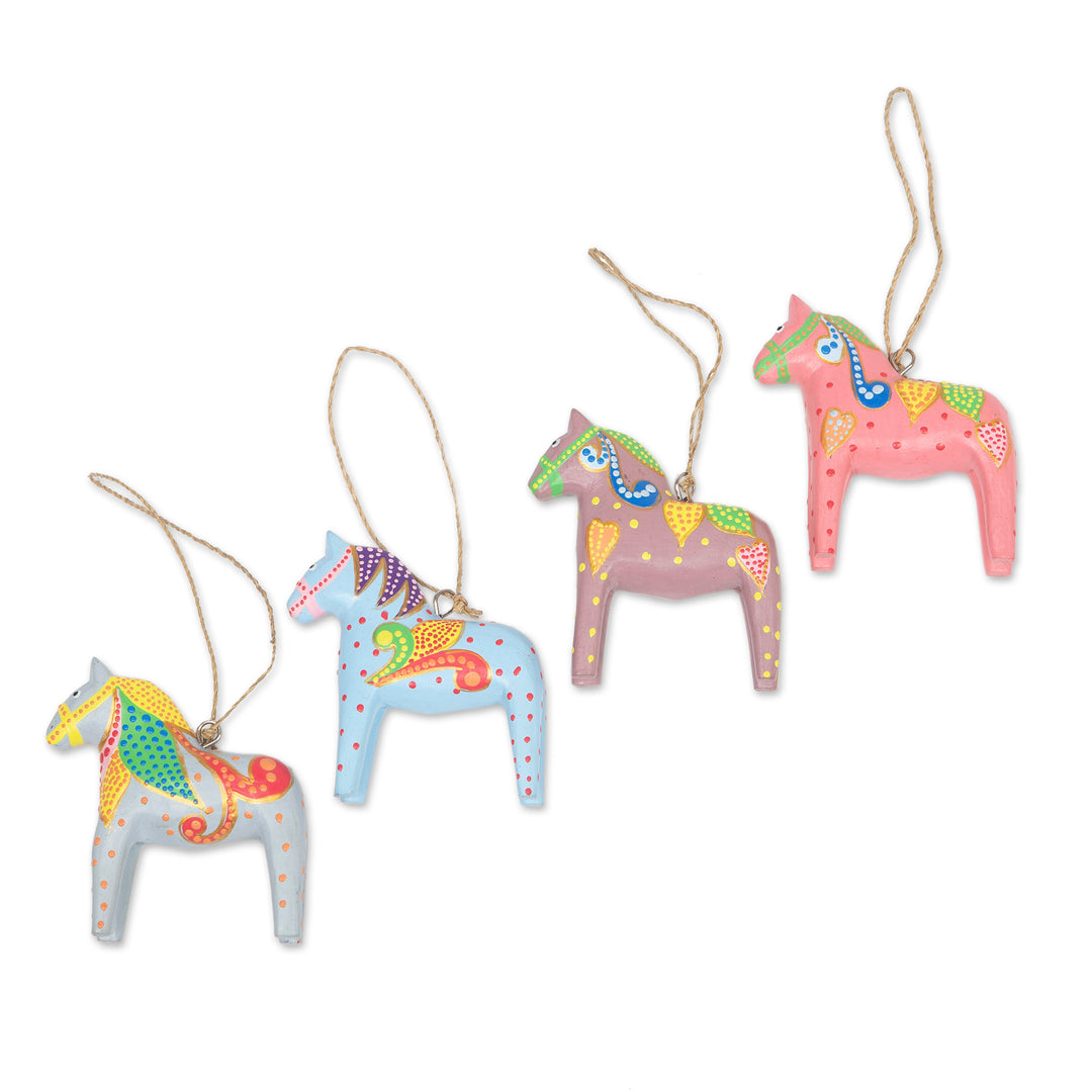 Set of 4 Handmade Wooden Equine Ornaments for Christmas - Dala Winter