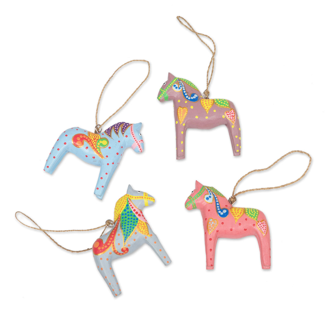 Set of 4 Handmade Wooden Equine Ornaments for Christmas - Dala Winter