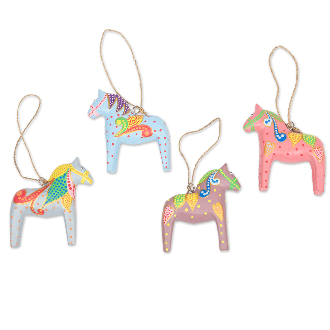Set of 4 Handmade Wooden Equine Ornaments for Christmas - Dala Winter