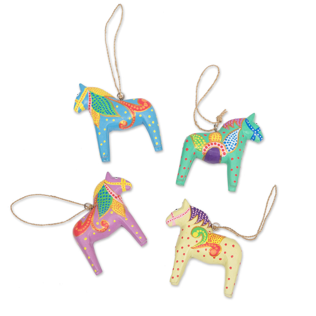 Set of 4 Hand-Carved Horse Christmas Ornaments from Bali - Dala Holiday