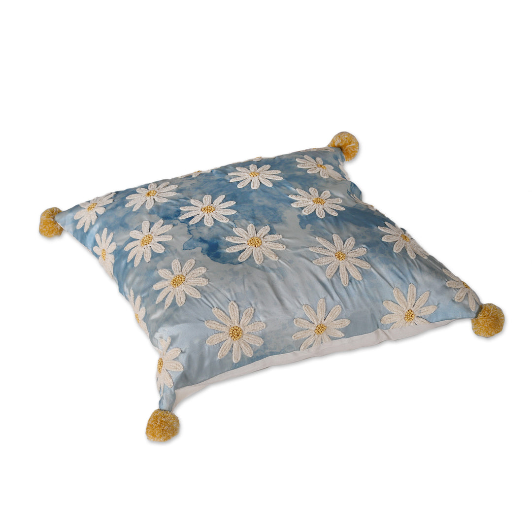 Floral Blue Embroidered Cushion Covers (Pair) - Sky Daisies