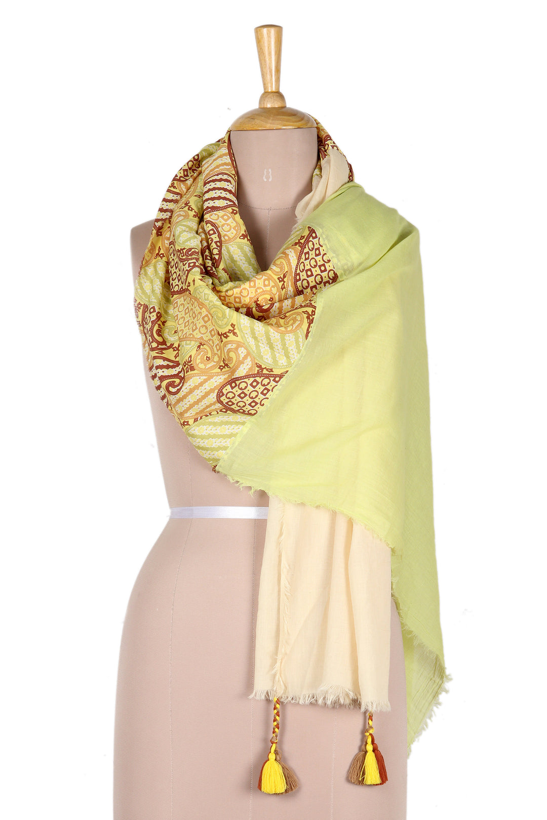 Paisley Chartreuse Wool and Silk Shawl with Colorful Tassels - Chartreuse India
