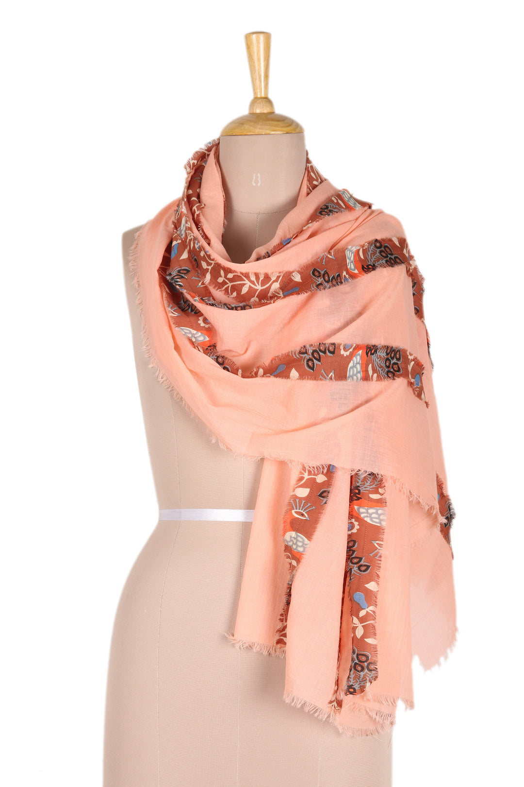 Floral Striped Peach Wool and Silk Shawl from India - Elite Peach