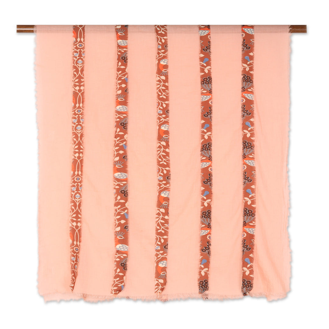 Floral Striped Peach Wool and Silk Shawl from India - Elite Peach