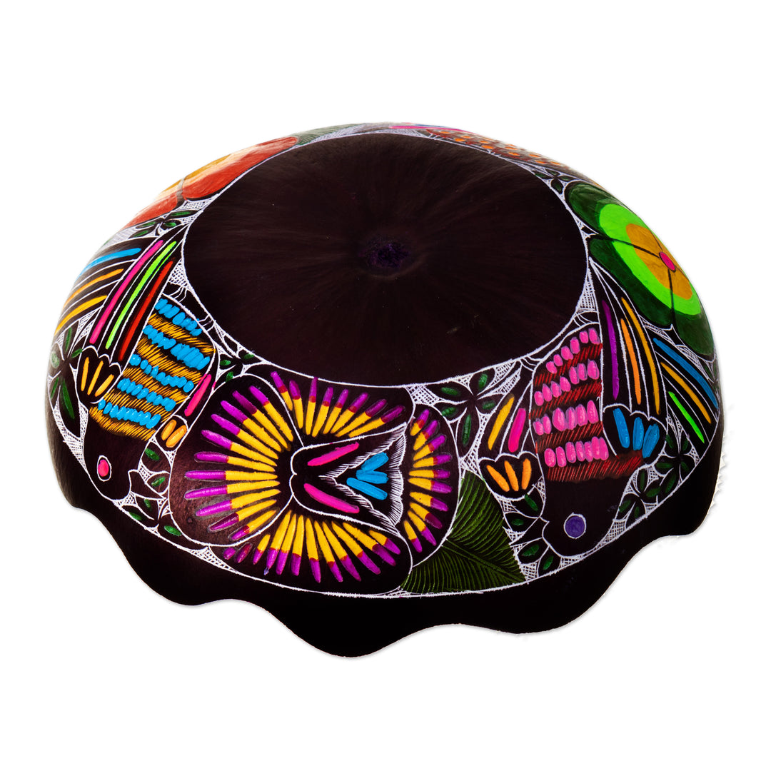 Hand-Painted and Carved Dried Gourd Catchall from Peru - Sweet Spring Scent
