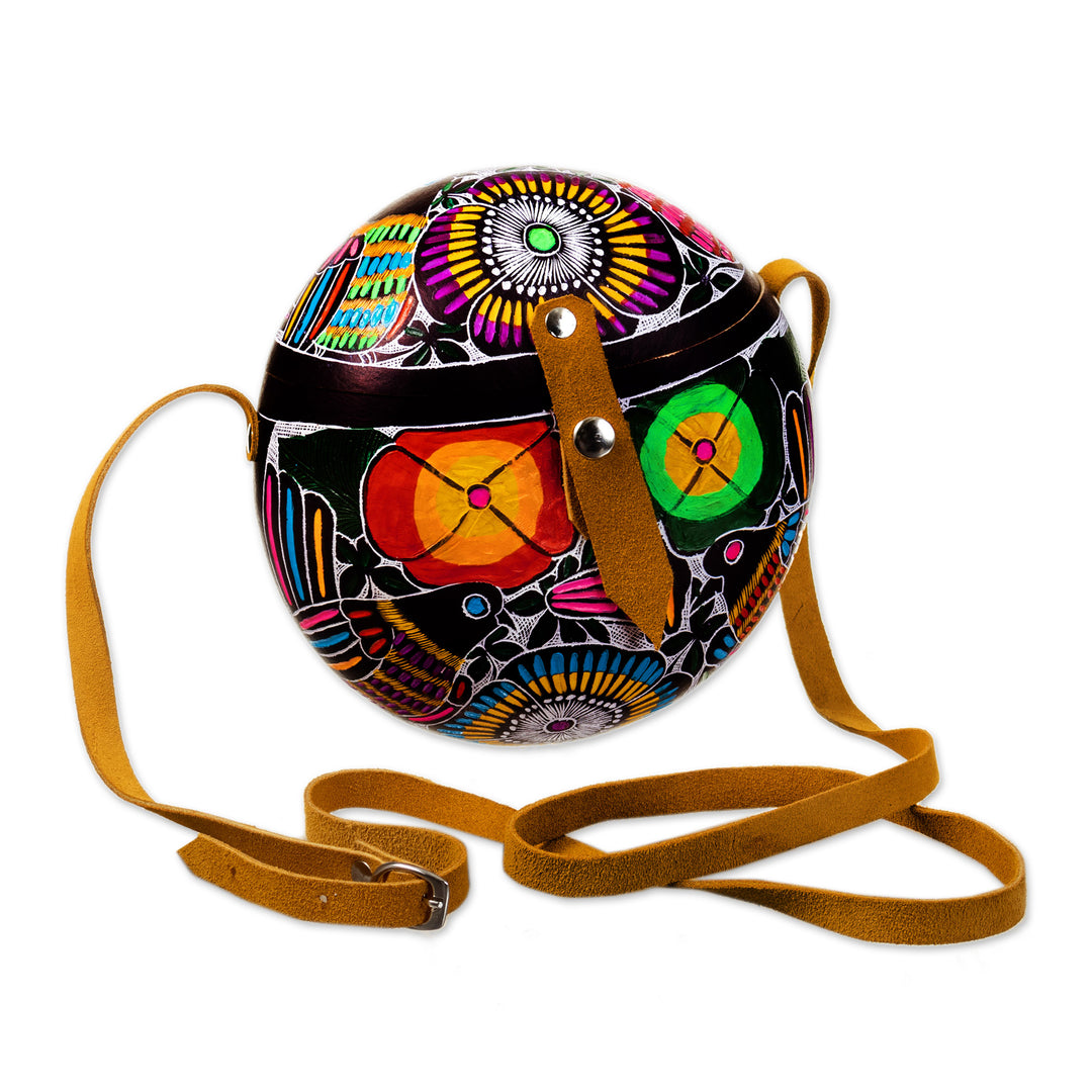 Peruvian Hand-Carved Gourd Sling Bag with Leather Accents - Colorful Andean Journey