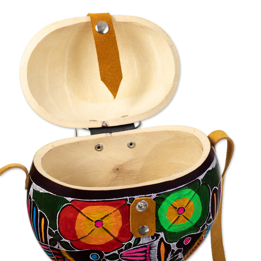 Peruvian Hand-Carved Gourd Sling Bag with Leather Accents - Colorful Andean Journey