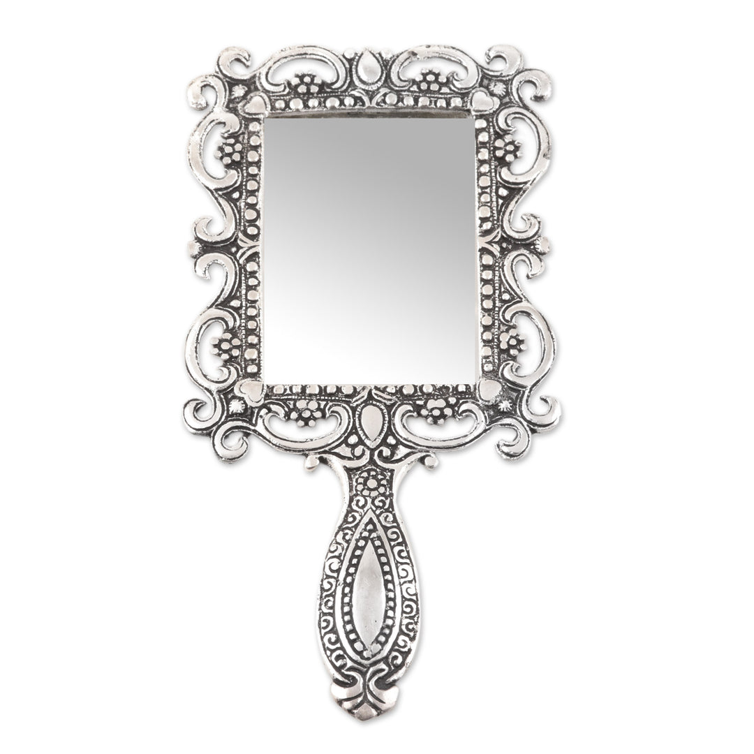 Aluminum Hand Mirror from India with Floral and Vine Motifs - Floral Splendor