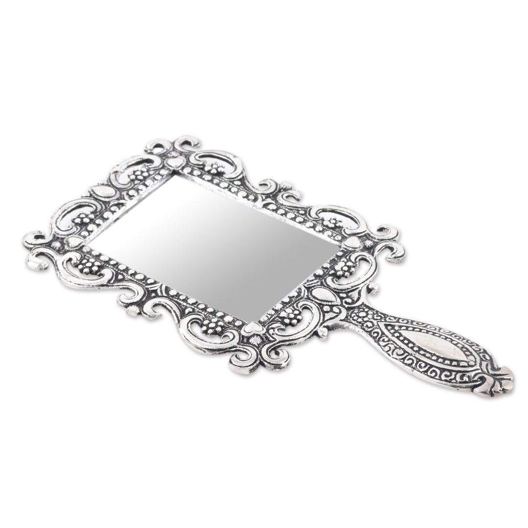 Aluminum Hand Mirror from India with Floral and Vine Motifs - Floral Splendor