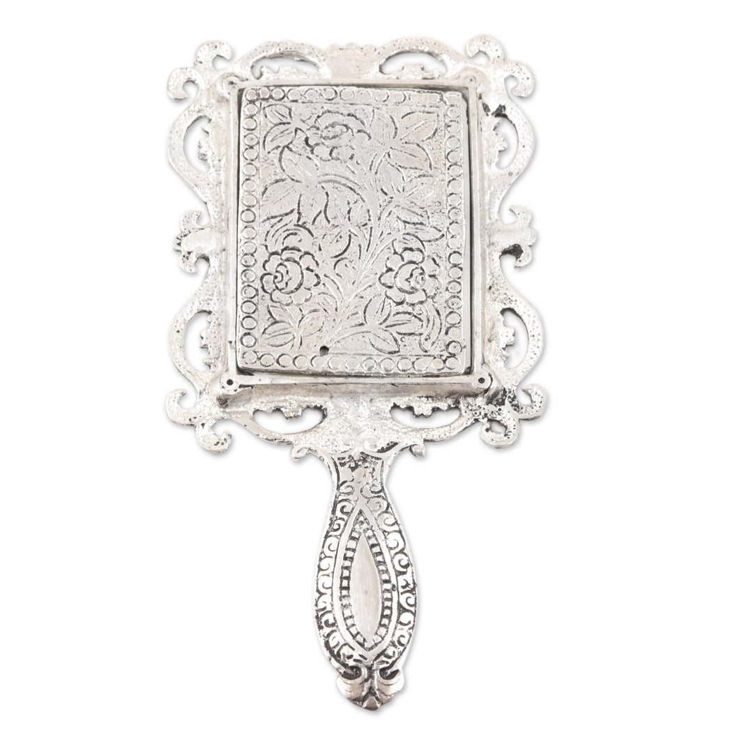 Aluminum Hand Mirror from India with Floral and Vine Motifs - Floral Splendor