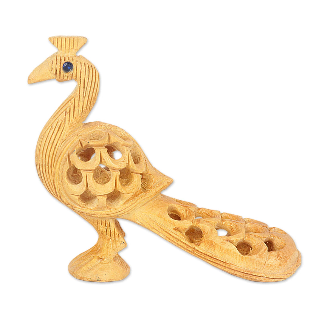 Hand Carved Natural Kadam Wood Sculpture from India - Opulent Peacock