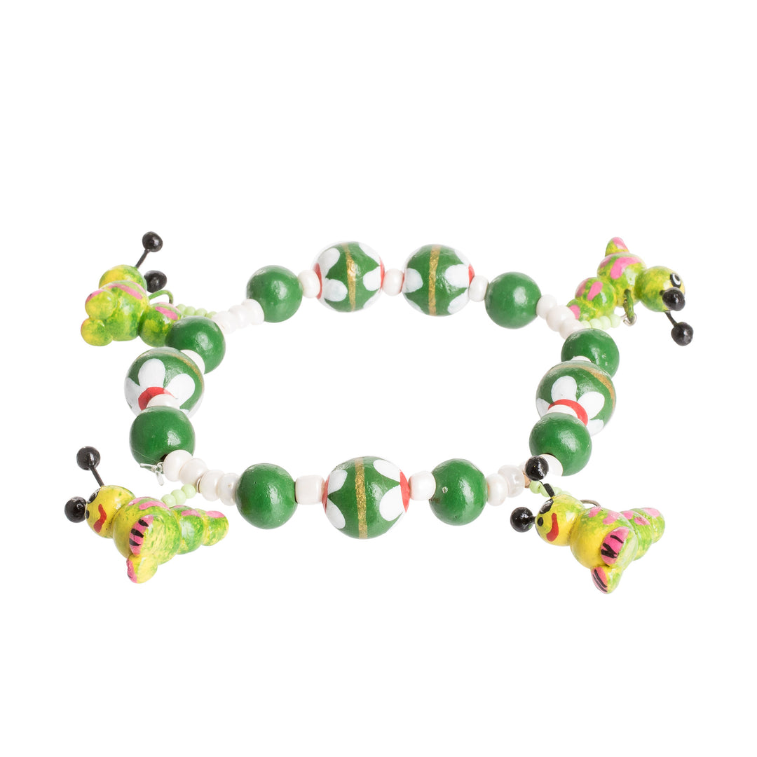 Handcrafted Ceramic Beaded Stretch Bracelet in Green - Merry Caterpillars
