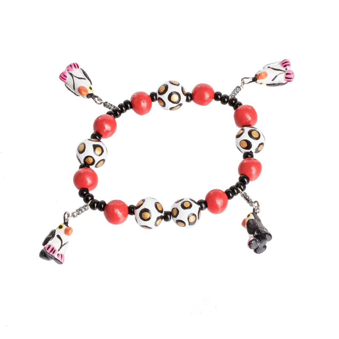 Handcrafted Ceramic Beaded Stretch Bracelet with Penguins - Dangling Penguins