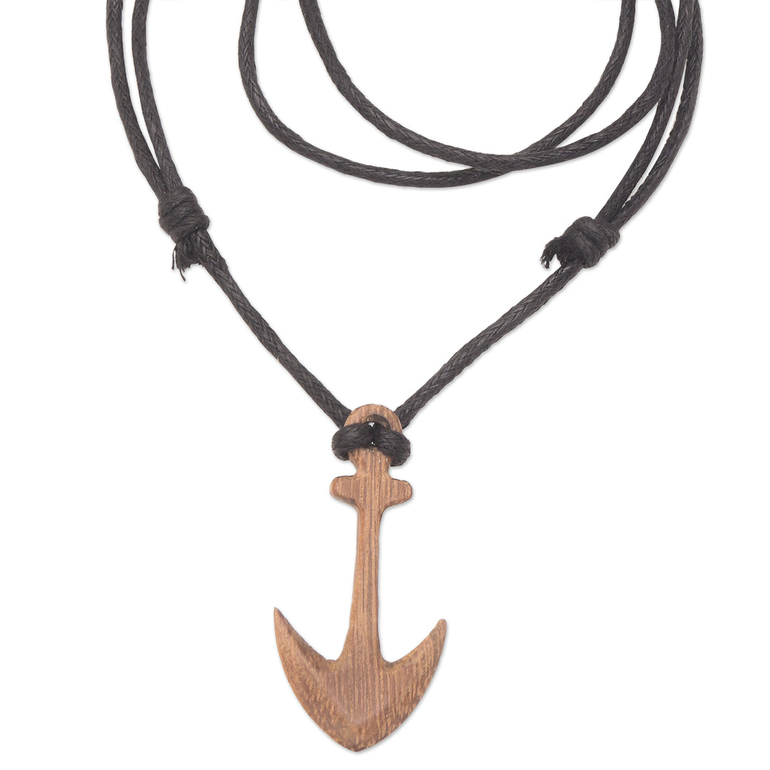 Men's Sawo Wood Anchor Pendant Necklace with Cotton Cord - Sturdy Anchor