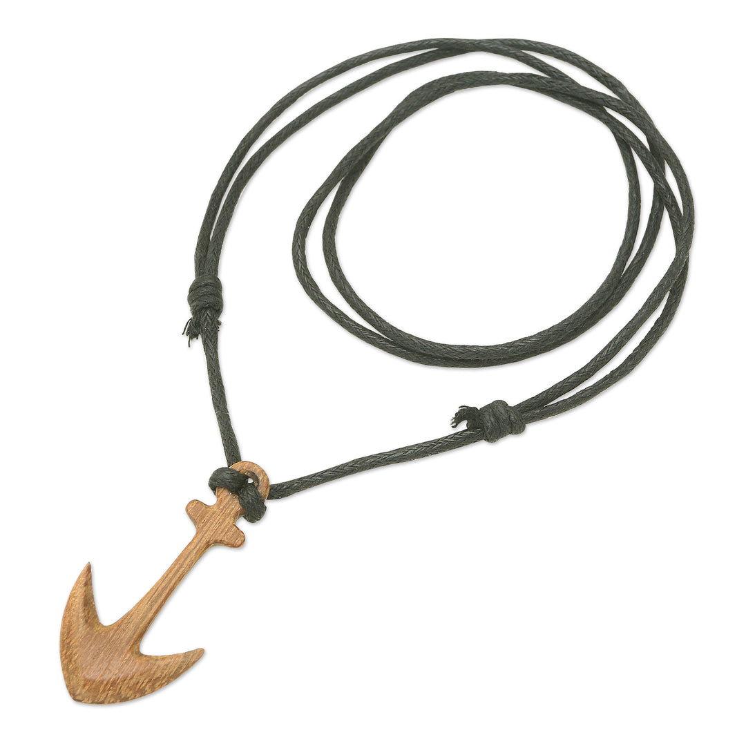 Men's Sawo Wood Anchor Pendant Necklace with Cotton Cord - Sturdy Anchor