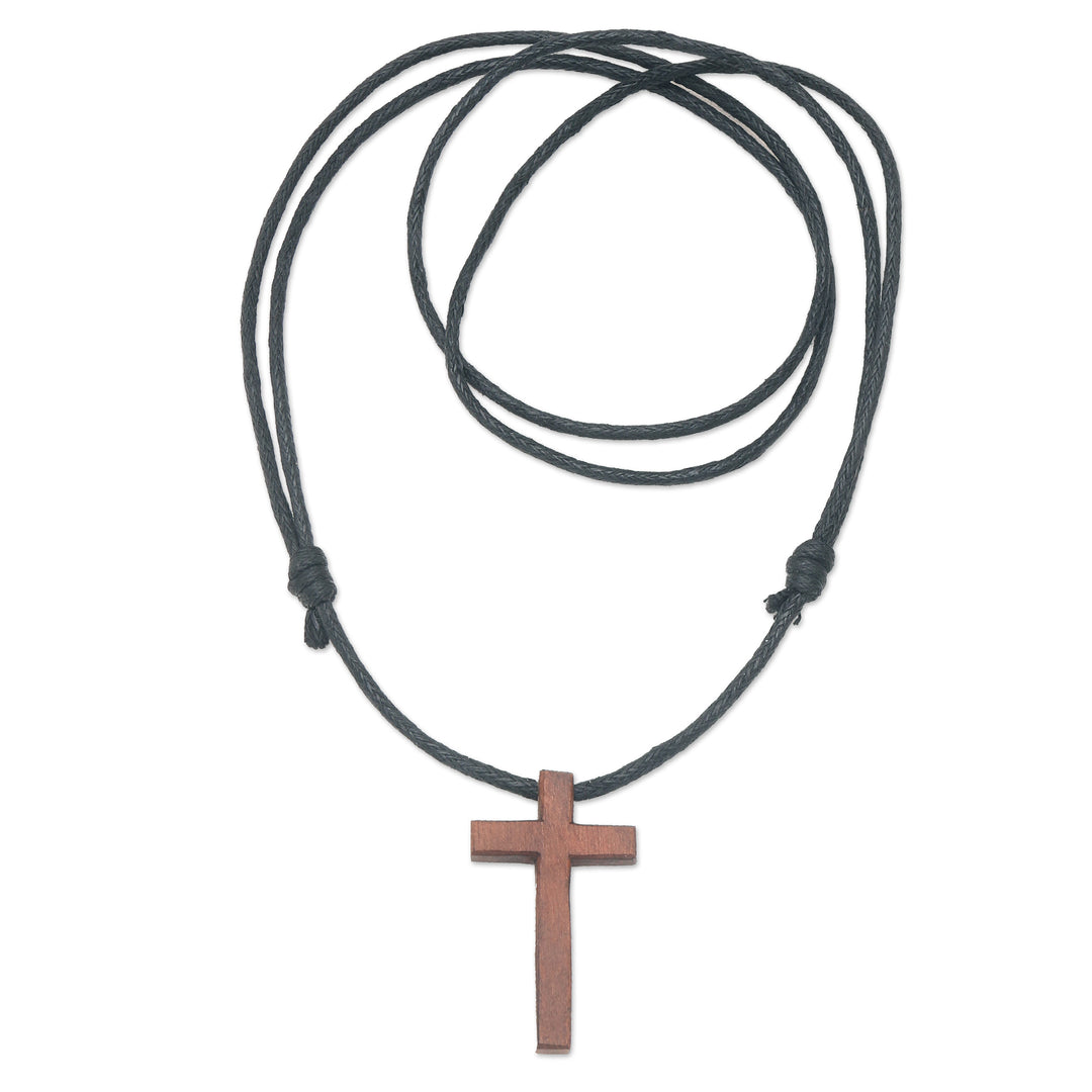 Men's Sawo Wood Cross Pendant Necklace with Cotton Cord - Natural Blessing