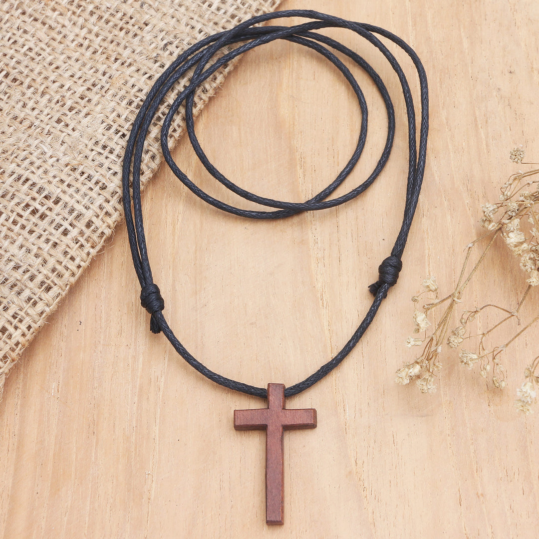 Men's Sawo Wood Cross Pendant Necklace with Cotton Cord - Natural Blessing