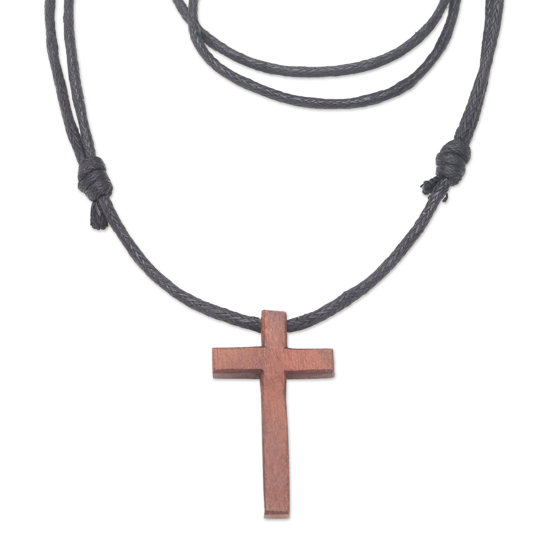 Men's Sawo Wood Cross Pendant Necklace with Cotton Cord - Natural Blessing