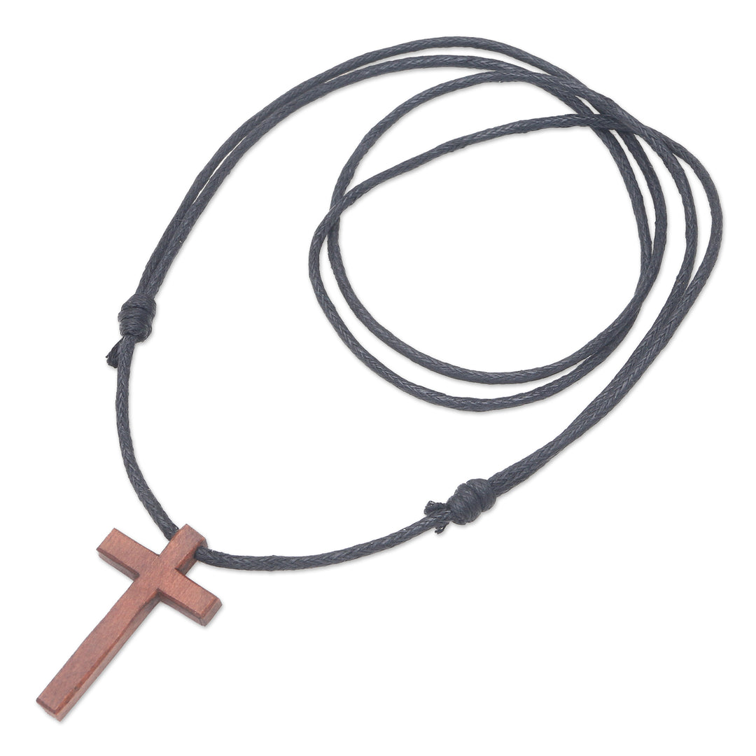 Men's Sawo Wood Cross Pendant Necklace with Cotton Cord - Natural Blessing