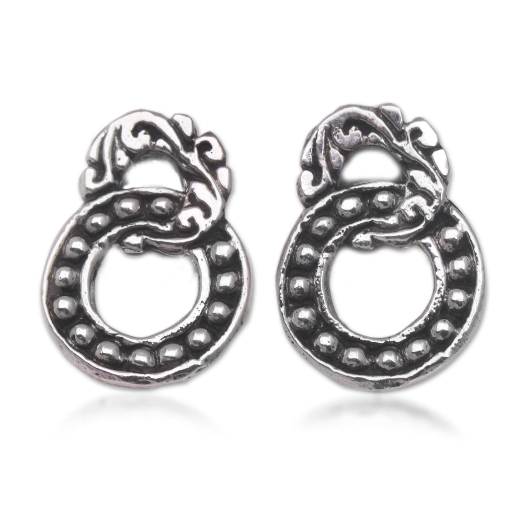 Sterling Silver Button Earrings with Balinese Motifs - Joined Rings