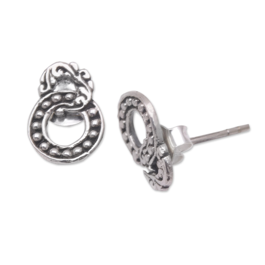 Sterling Silver Button Earrings with Balinese Motifs - Joined Rings