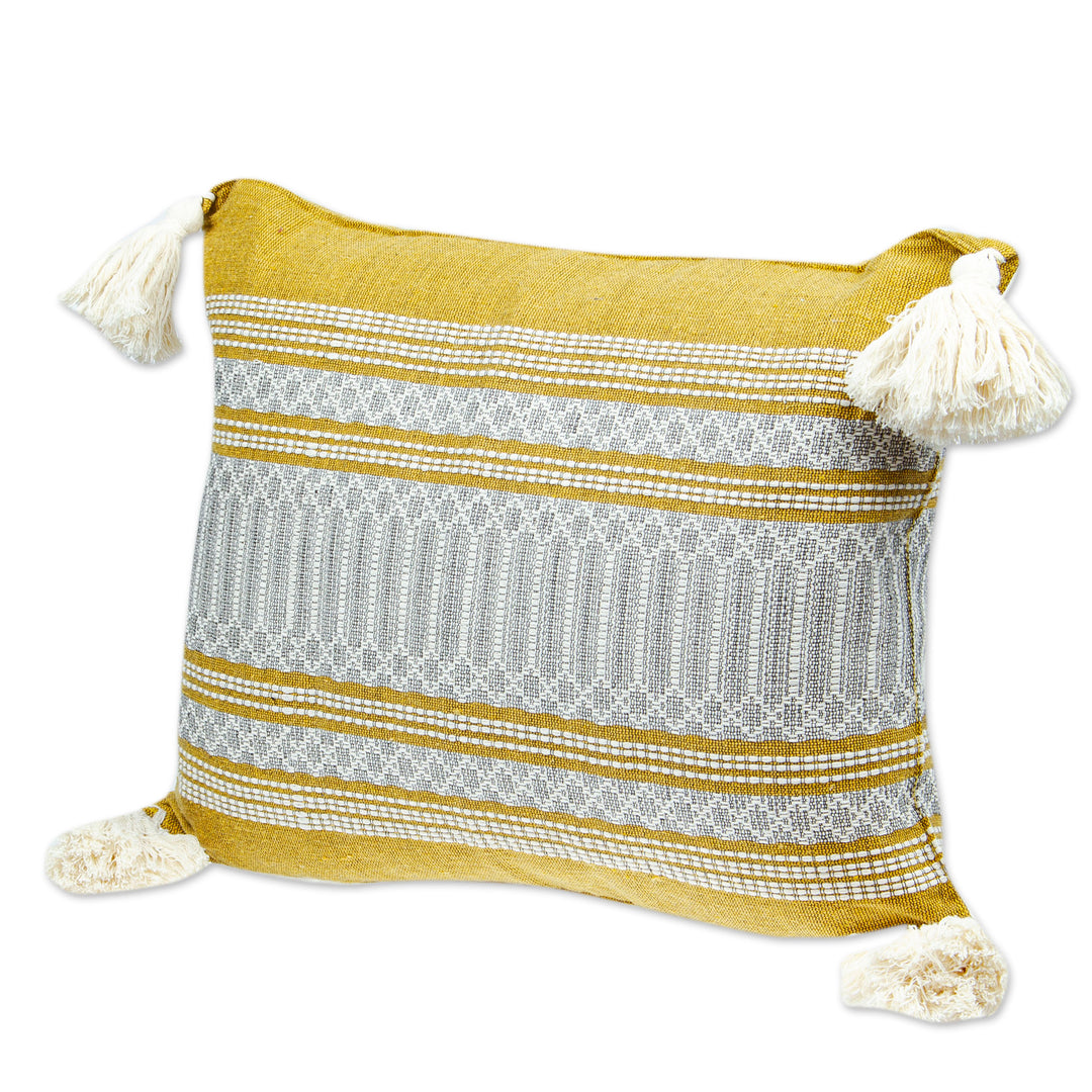 Mexican Handloomed Honey and Alabaster Cotton Cushion Cover - Honey Tradition