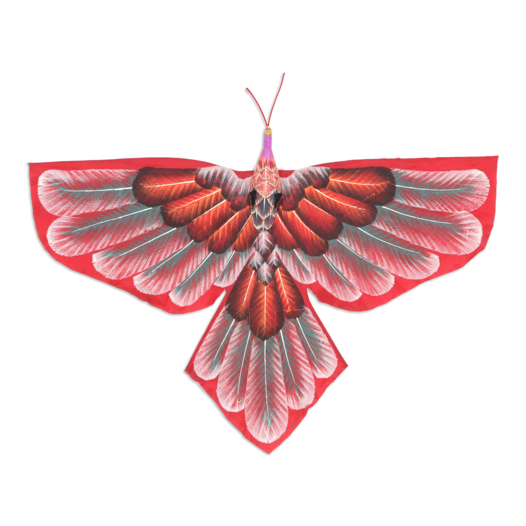 Hand Painted Red Nylon Balinese Bird Kite - Red Peafowl