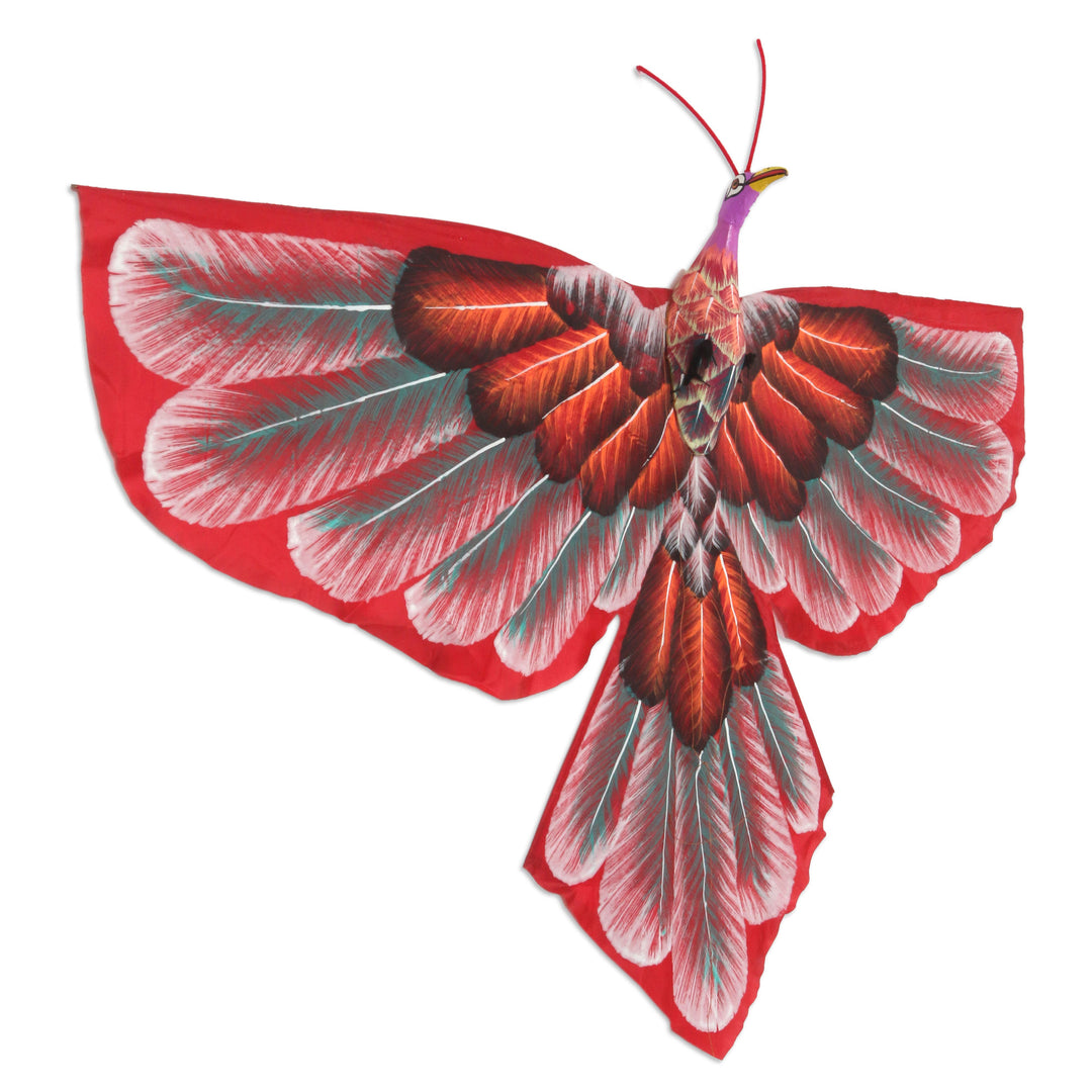 Hand Painted Red Nylon Balinese Bird Kite - Red Peafowl