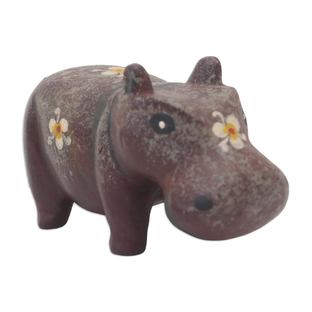 Hippo Wood Figurine Hand-carved & Hand-painted in Indonesia - Chubby Hippopotamus