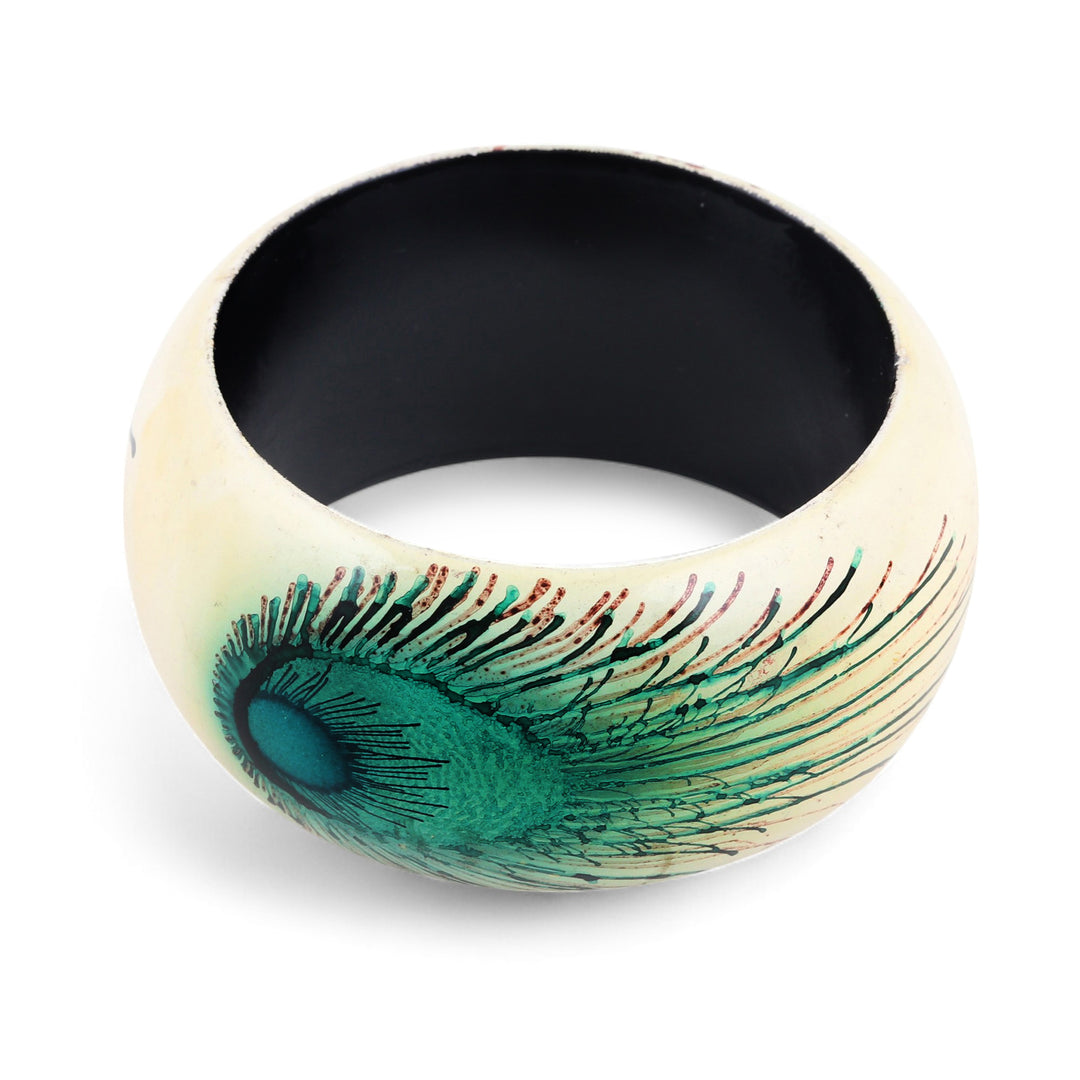 Handcrafted Haldu Wood Peacock Feather Motif Bangle Bracelet - Feather Glory