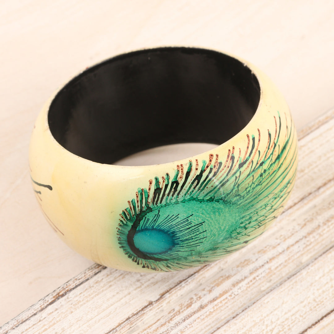 Handcrafted Haldu Wood Peacock Feather Motif Bangle Bracelet - Feather Glory