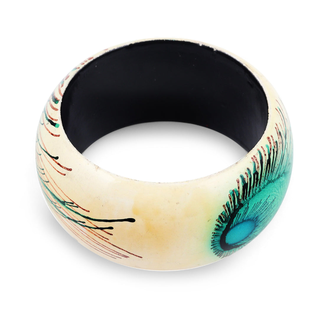 Handcrafted Haldu Wood Peacock Feather Motif Bangle Bracelet - Feather Glory