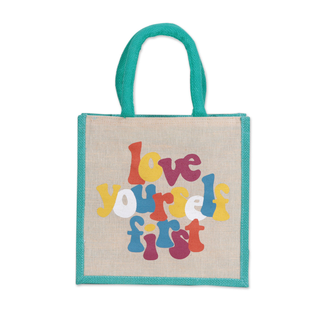 Jute and Cotton Blend Tote Bag Hand Crafted in India - Love Yourself First
