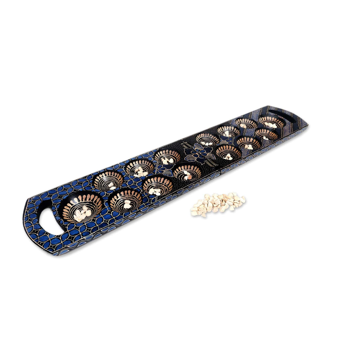 Blue Batik Wood Mancala Board Game Handcrafted in Java - Blue Clever Leisure