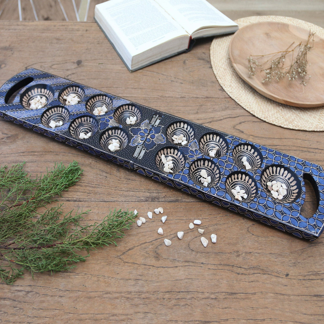 Blue Batik Wood Mancala Board Game Handcrafted in Java - Blue Clever Leisure